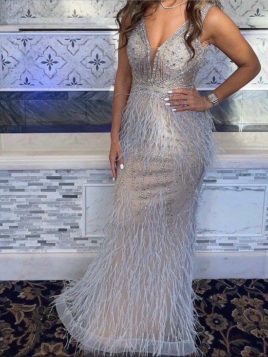 Jovani Dresses & Skirts - Jovani Silver-Beige Feathered V-Neck Evening Gown